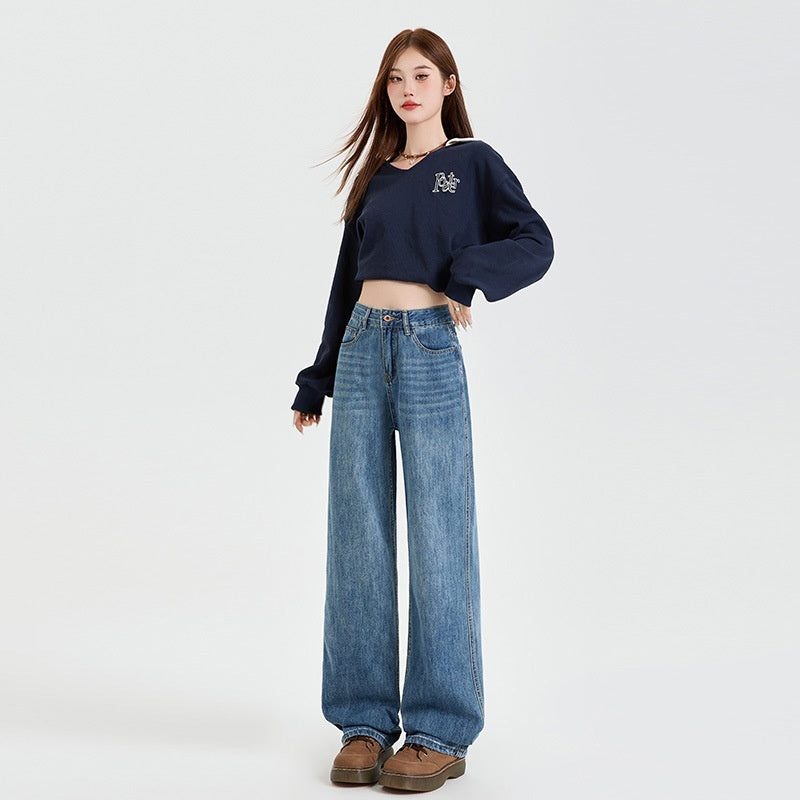 Vintage Blue High Waist Velvet Padded Straight Jeans