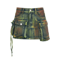 Women's Fashion Color Contrast Washing Tooling Denim Skirt