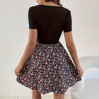 SpringSummer Printed High Waisted Fake Two Piece Short Sleeve Dress For Women