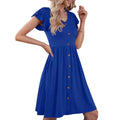 V-neck Solid Color Defined Waist Ruffle Sleeve Womens Fashion Mid-length Dress