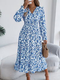 Women's Elegant Floral Print Cross V Neck Tie Waist Ruffle Maxi Dress
