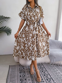 Women's Casual Loose Leopard Print Tie Waist Shirt Dress
