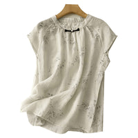 Crew-neck Artistic And Fashionable Cotton-linen Shirt With A Print
