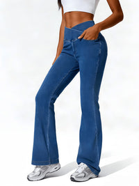 High-elastic, Cross-waist, Faux Denim Flared Pants For A Casual Look