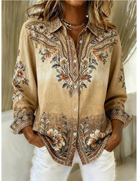 Womens Loose-Fitting Long-Sleeve Lapel-Neck Printed Shirt