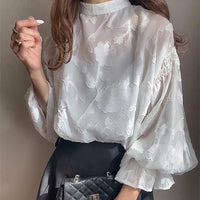 Summer Flower Jacquard Lantern Sleeve Transparent Blouse