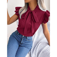 Women  Elegant Commute Ruffle Trim Tie Bow Chiffon Top