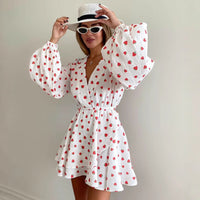 New Strawberry-Print V-Neck Lantern-Sleeve Dress