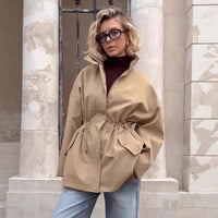 Drawstring Trench Khaki Waist Mid-length Coat