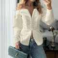 Womens Stylish Solid-Color Off-the-Shoulder Pleated Long-Sleeve Tie-Up Top