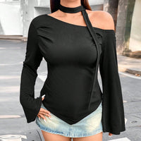 Women's Irregular Long Sleeve Short Fitted Off-Shoulder Top