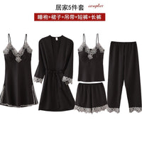 French Pajamas Spring And Summer Thin Ice Silk Nightdress Five-piece Suit