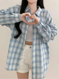 Blue Plaid Shirt For Women Loose Long Sleeve Jacket