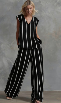 French Minimalist Black And White Vertical Stripe Loose Cotton-Linen Womens Set