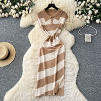 Niche Vintage-style Fashion Polo-neck Short-sleeve Contrast-striped Knit Dress