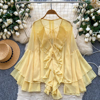Ruffled Trim Single-Breasted Flared Sleeve Womens Chiffon Blouse