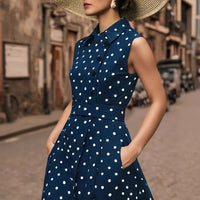 Sleeveless Retro Polka-Dot Collar Fake Button Lace-Up Womens Dress