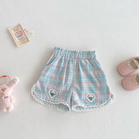 Girls' Bubble Sleeve T-shirt Cartoon Doll Shirt Embroidered Plaid Shorts