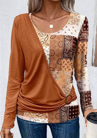 Printed Solid Color Stitching Casual Long Sleeve Shirt