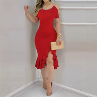 Womens Ruffled-Edge Slit Dress With Pearl Embellishments