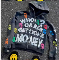 Trendy American Letter Pattern Loose Casual And Comfortable Hooded Zipper Vintage Sweater