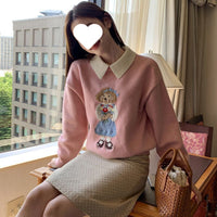 Contrast Color Lapels Bear Brocade Sweater