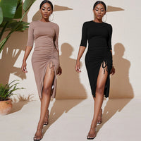 Irregular Drawstring Split Dress For Fall And Winter