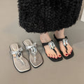 Oversized Crystal, Square Toe, Thong Sandals, French Glam, Low Block Heel, Slides