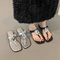 Oversized Crystal, Square Toe, Thong Sandals, French Glam, Low Block Heel, Slides