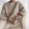 Womens Casual Solid-color Loose-fitting Cozy Plush Long-sleeve Sweater
