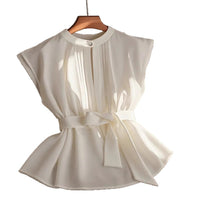 Classic Elegant Solid Color Sleeveless Belted Pleated Shirt