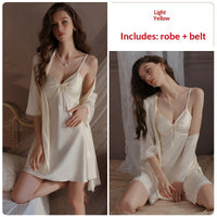 Sexy Backless Womens Camisole Nightdress  Slip-On Silk Robe Set For Loungewear