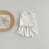 Summer Girls' Suit Rib Overall Dress Set Cotton Infant Flounced Sleeve Baby Girls' T-shirt Shorts Two-piece Suit