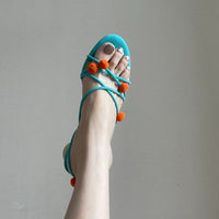 French Genuine Leather Niche Ball Lace-up High-heeled Sandals Thin Strap Open Toe