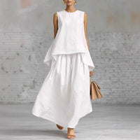 Elastic-waist Sleeveless Top With An Asymmetrical Hem And A Pleated Maxi Skirt