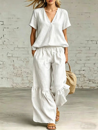 Womens Casual Solid Color V-Neck Loose Short-Sleeve Pants Set