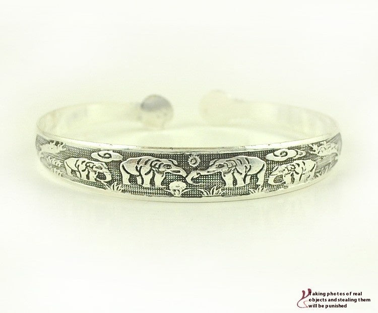 Retro Tibetan Silver Elephant Carved Bracelet Carving Dragon And Phoenix