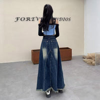 Retro White Stitching Draping Denim Mid-length Skirt