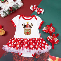 Baby Girl Christmas Party Holiday Clothes Cartoon Old Man Tree Baby's Gown Shoes Hair Accessories 3-piece Set