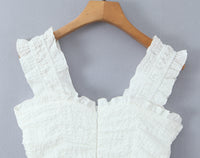 White Puff-Shoulder Ruffle-trimmed Sweet Vest Dress With Drawstring Waist And Pleats