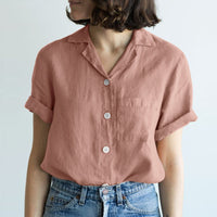 Women's Solid-Colored Cotton-Linen Pocketed Shirt
