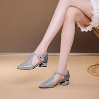 Summer New Thick Heel Pointed Mesh Rhinestone High Heels