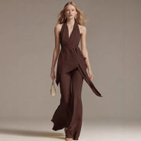 Neck-hanging Backless Belted Sleeveless Wide-leg Suit For Women