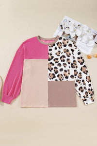 Women's Round-neck Ribbed Color-block Leopard Print Long-sleeve Top