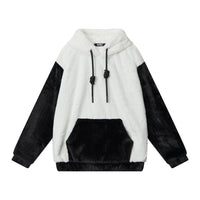 Fleece-lined Thick Color Contrast Patchwork Panda Ears Hooded Sweater