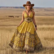 Fashionable Womens Sexy V-Neck Printed Bohemian Dress