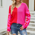 Women's Casual Contrast Color Leopard Print V-neck Fashion Pullover Sweater