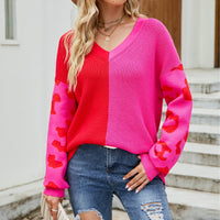 Women's Casual Contrast Color Leopard Print V-neck Fashion Pullover Sweater