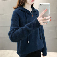 Women's Solid Color Loose Pullover Long Sleeve Hooded Knitted Sweater