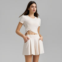 Womens One-Shoulder Hollow-Out Sexy Short-Sleeve Top And Culotte Set